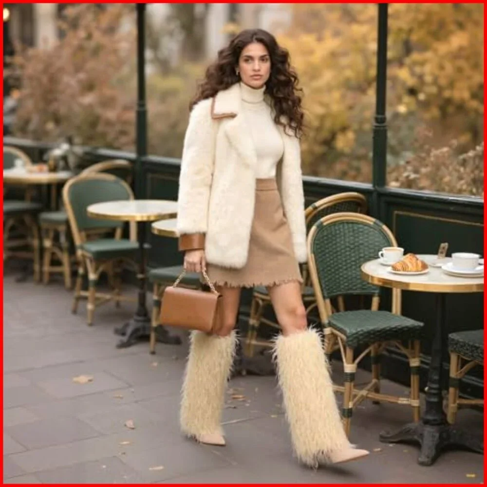 Knee High Faux Fur Boots Wide Calf Stiletto Heel Pointed Toe Winter